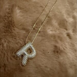 Gold Bubble Initial R Pendant Necklace